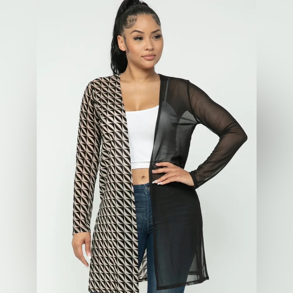 Julia by Love J - Sheer Half Print & Half Solid Side Slits Duster - Size Large